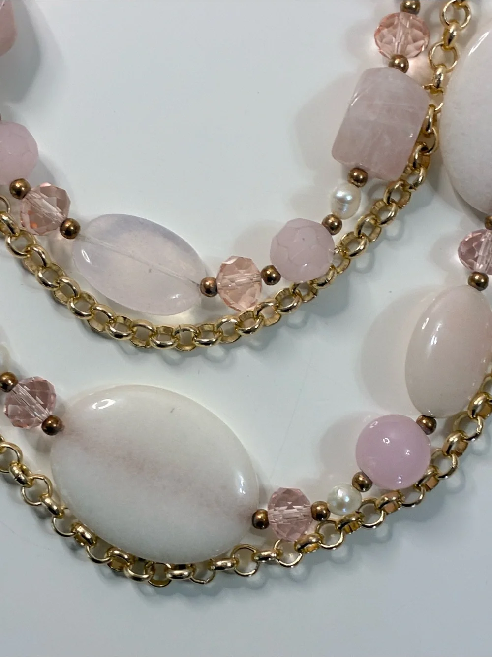 Multi-Strand Pink Rose Quart Chunky Beaded Gold-Tone Statement Necklace 156g